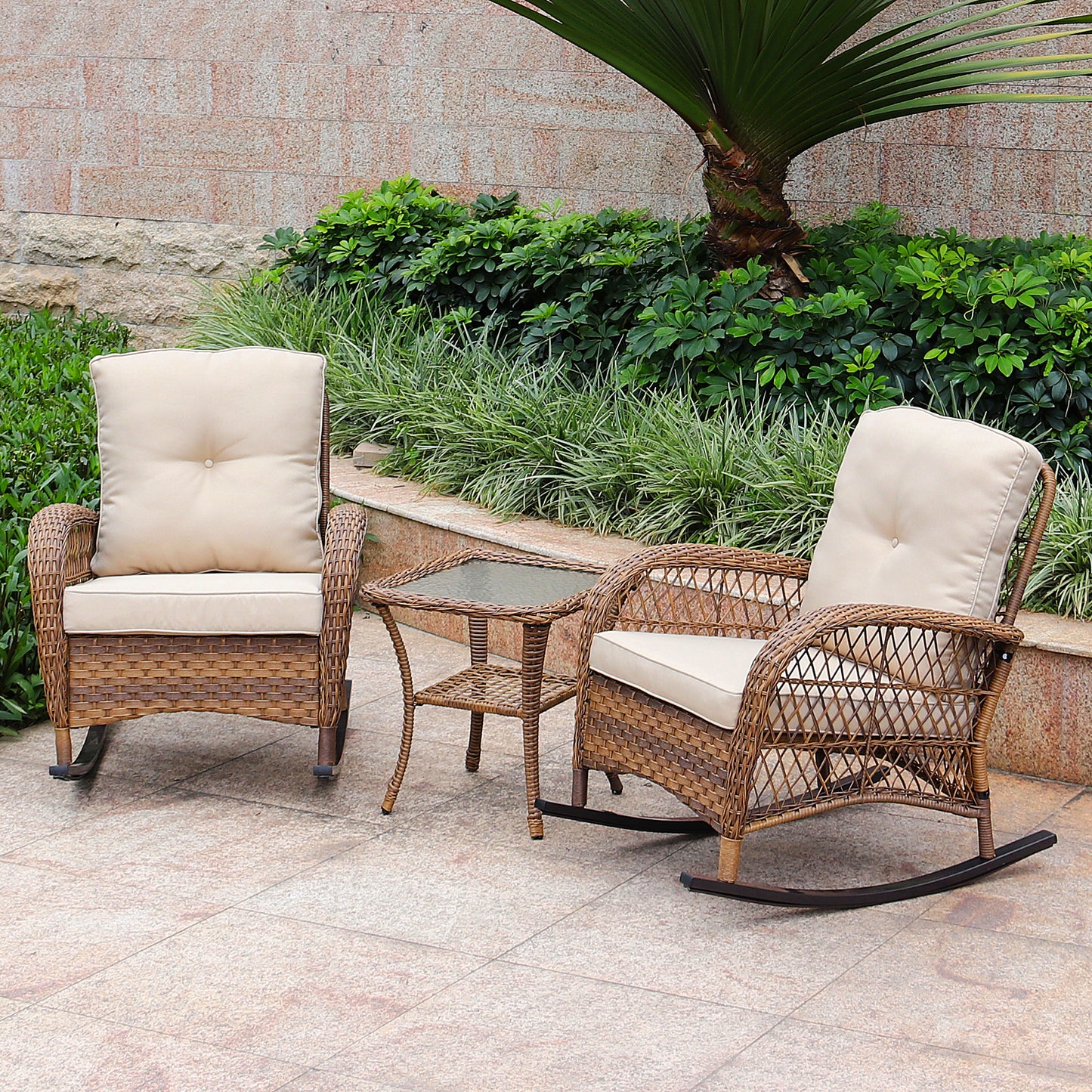 3 PCs Wicker Rocking Patio Conversation Set with Beige