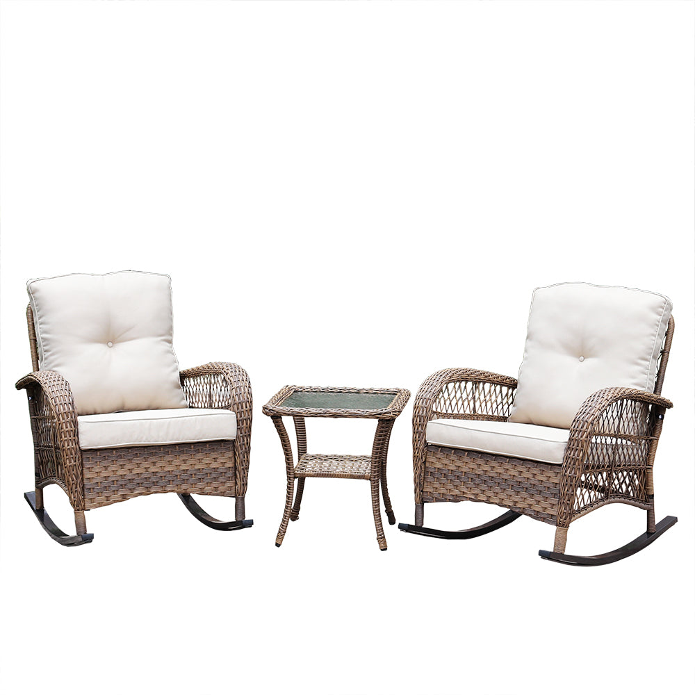 3 PCs Wicker Rocking Patio Conversation Set with Beige