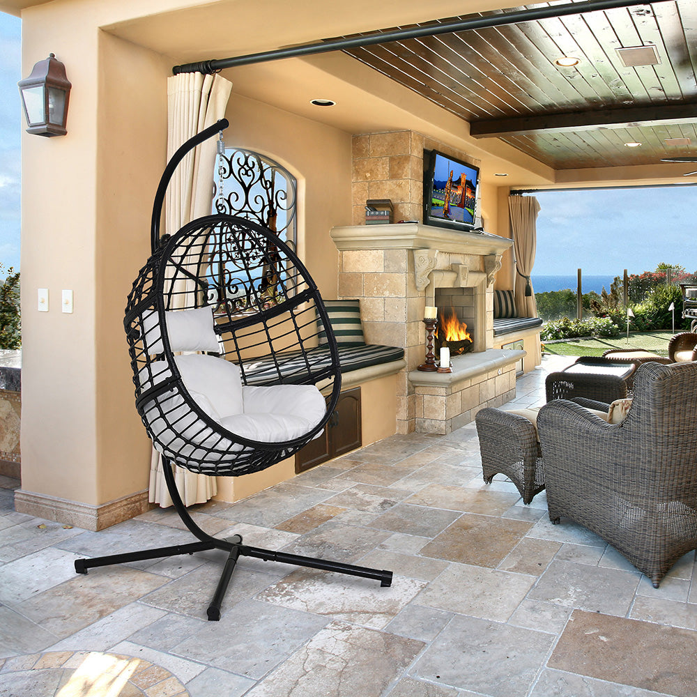 78 in. Black Wicker Outdoor Basket Swing Chair with Stand