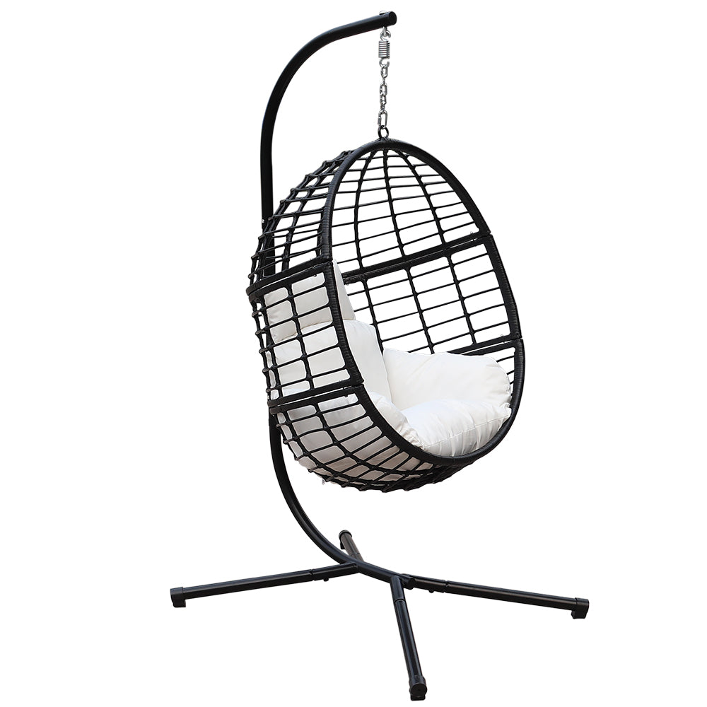 78 in. Black Wicker Outdoor Basket Swing Chair with Stand