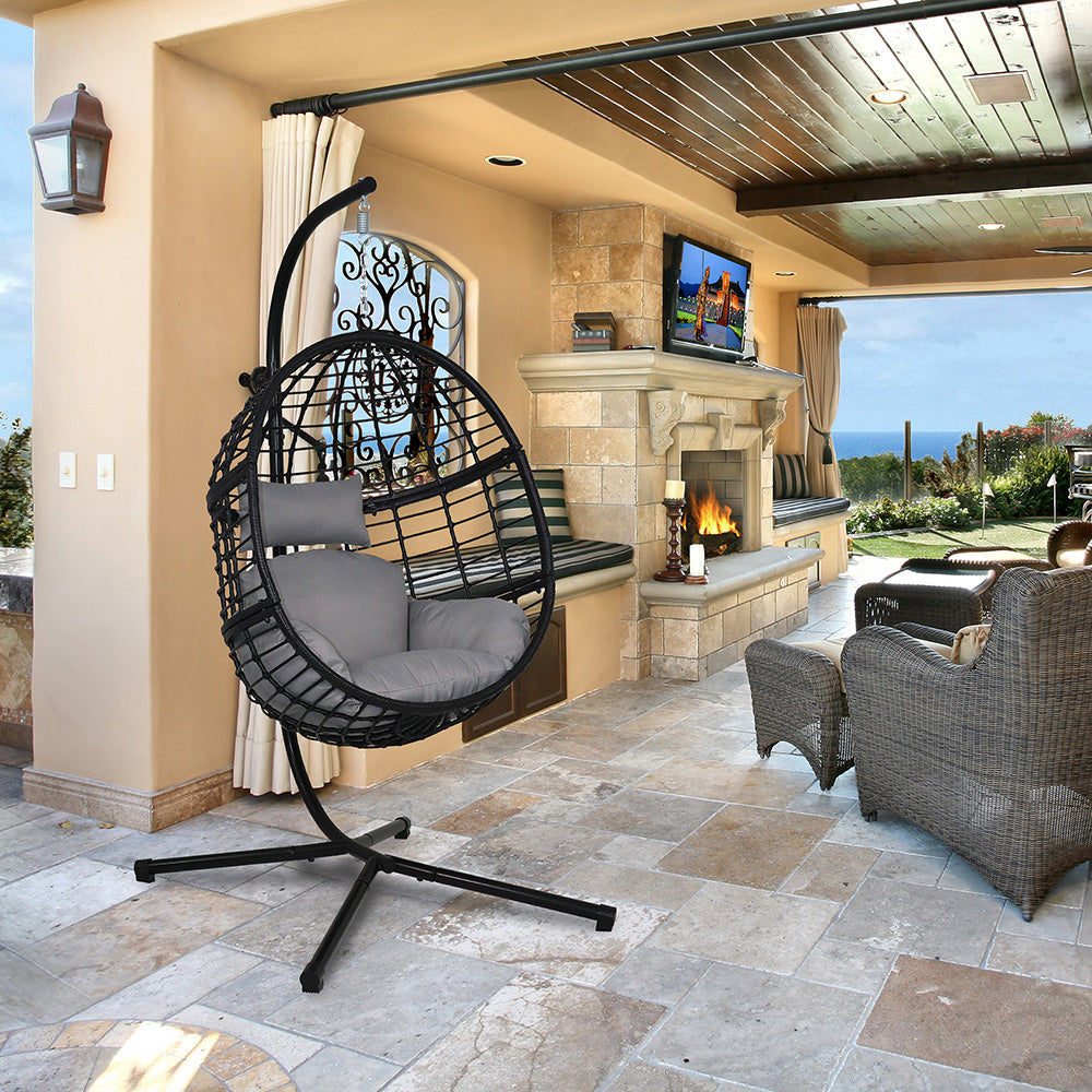 78 in. Black Wicker Outdoor Basket Swing Chair with Stand
