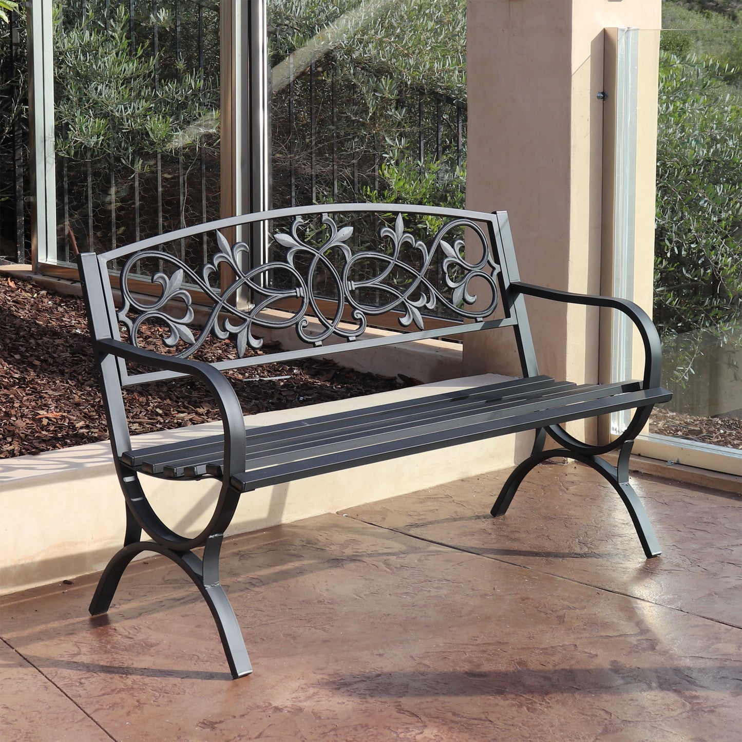 50 in. Steel Designer Outdoor Garden Bench - Black