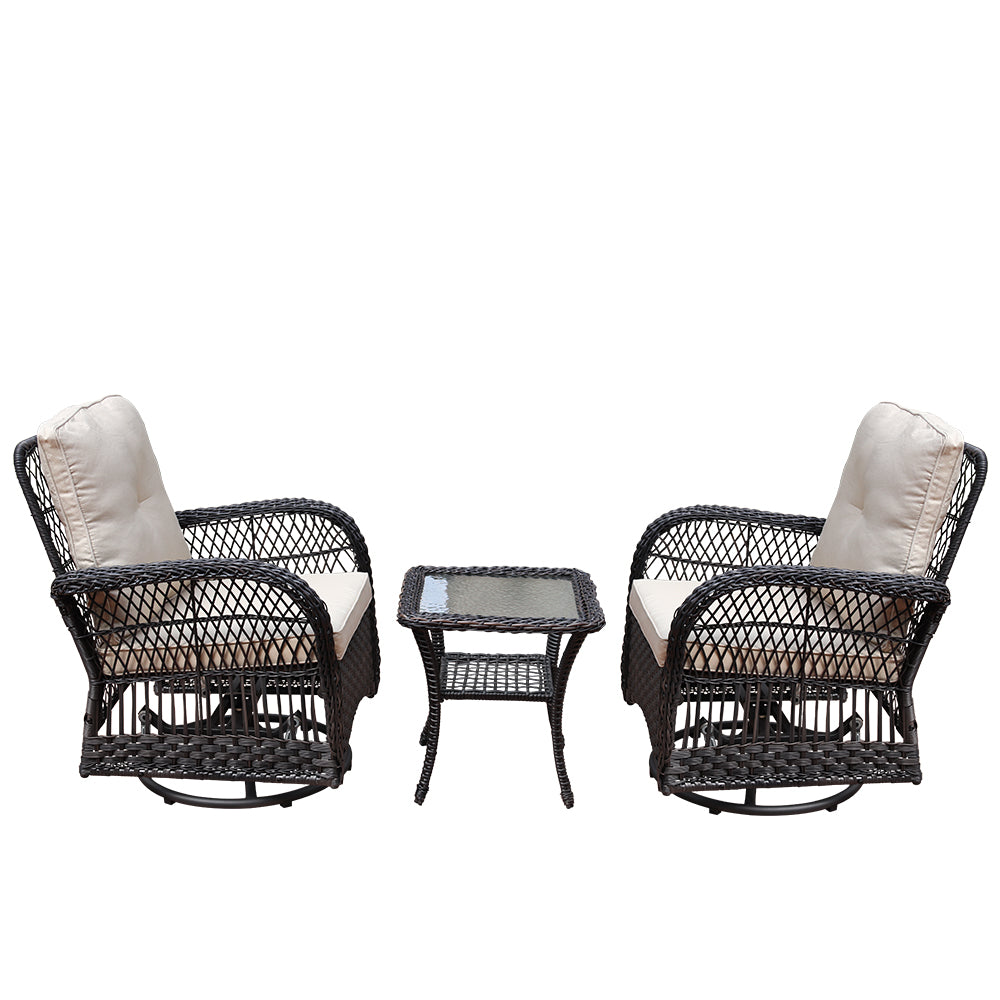 3 PCs Wicker Swivel Patio Conversation Set with Beige