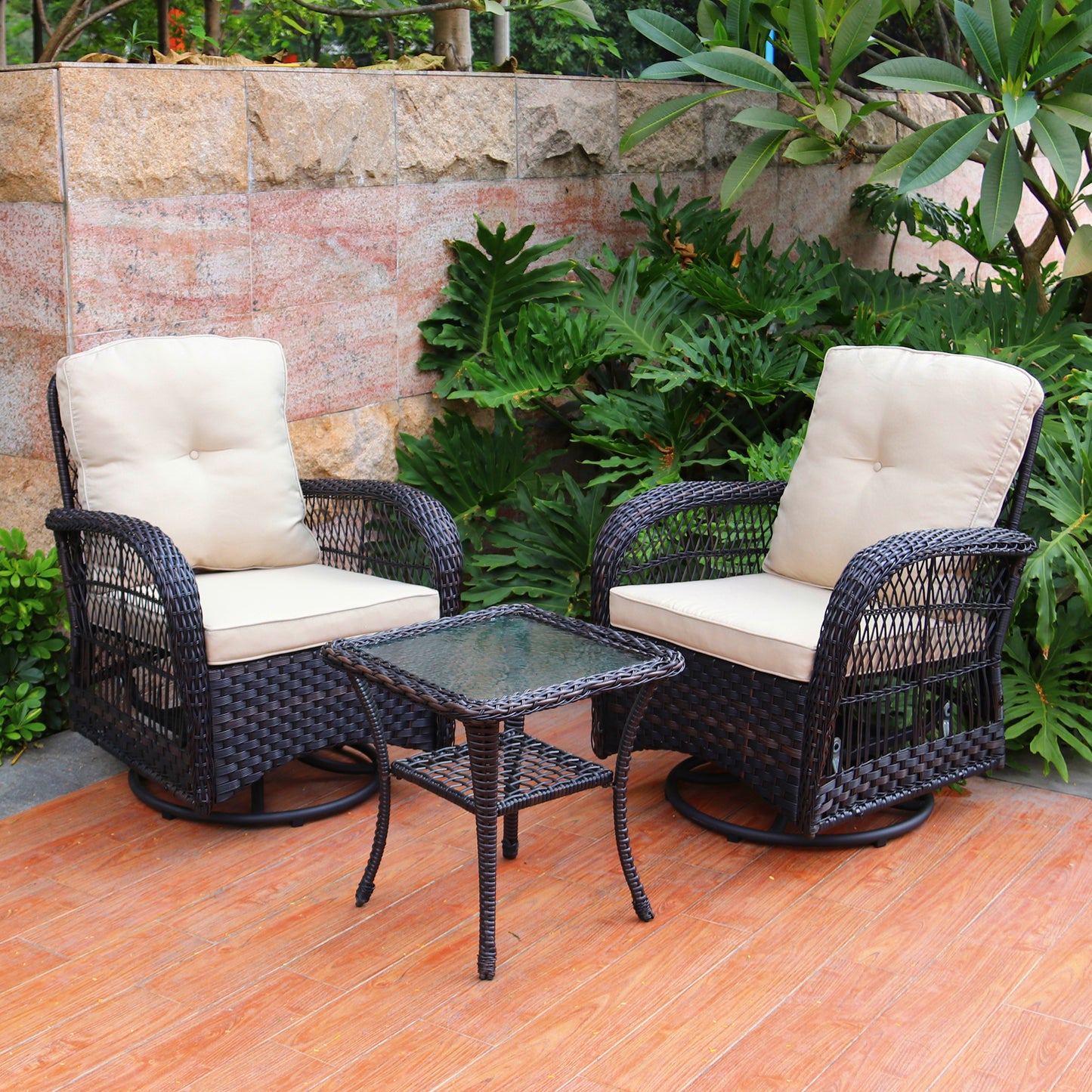 3 PCs Wicker Swivel Patio Conversation Set with Beige