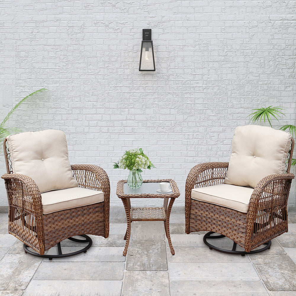 3 PCs Wicker Swivel Patio Conversation Set with Beige