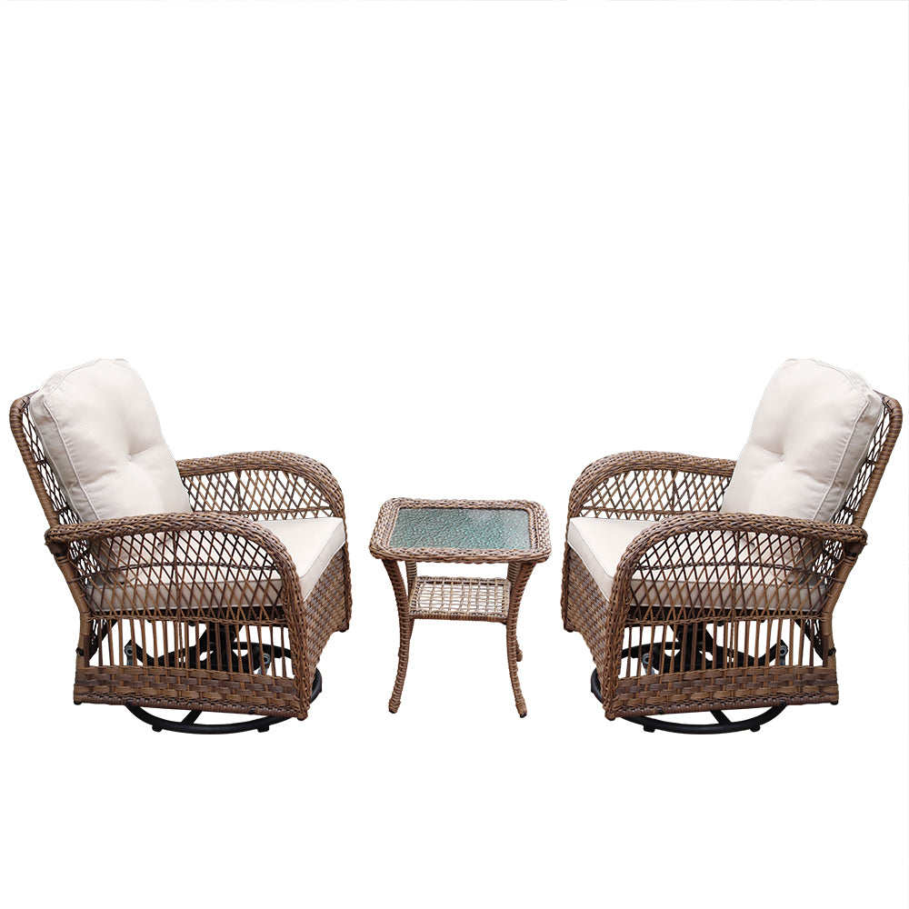 3 PCs Wicker Swivel Patio Conversation Set with Beige