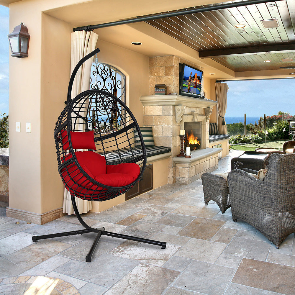 78 in. Black Wicker Outdoor Basket Swing Chair with Stand