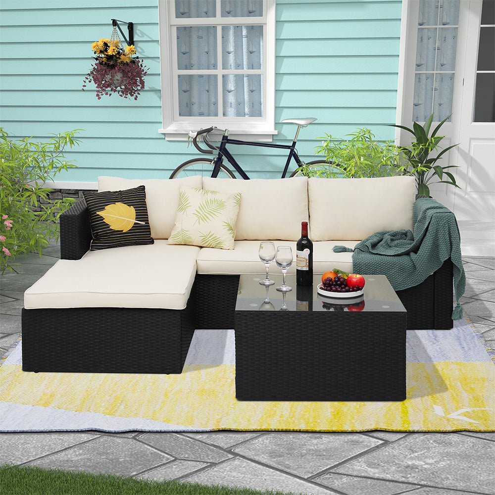 3 Piece Wicker Sectional Conversation Set with Cushions - Black, Brown, Grey