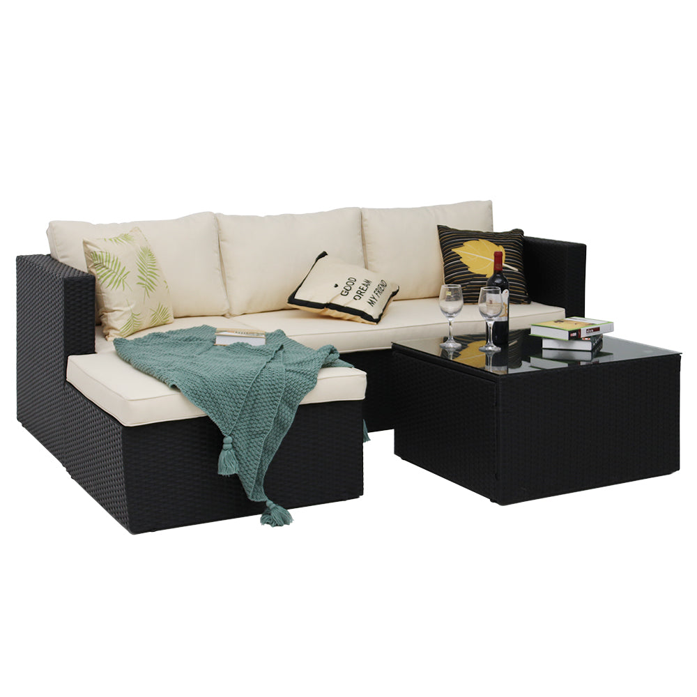 3 Piece Wicker Sectional Conversation Set with Cushions - Black, Brown, Grey