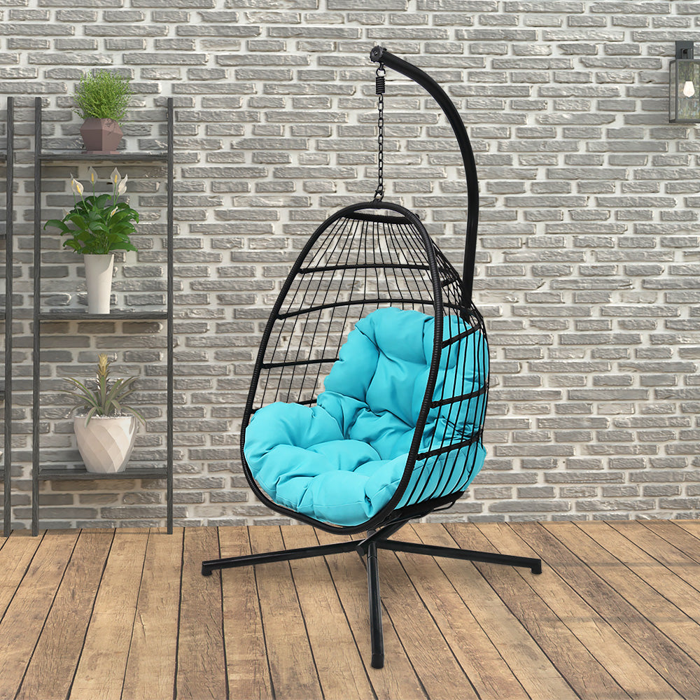 76 in. Black Wicker Outdoor Basket Swing Chair with Stand
