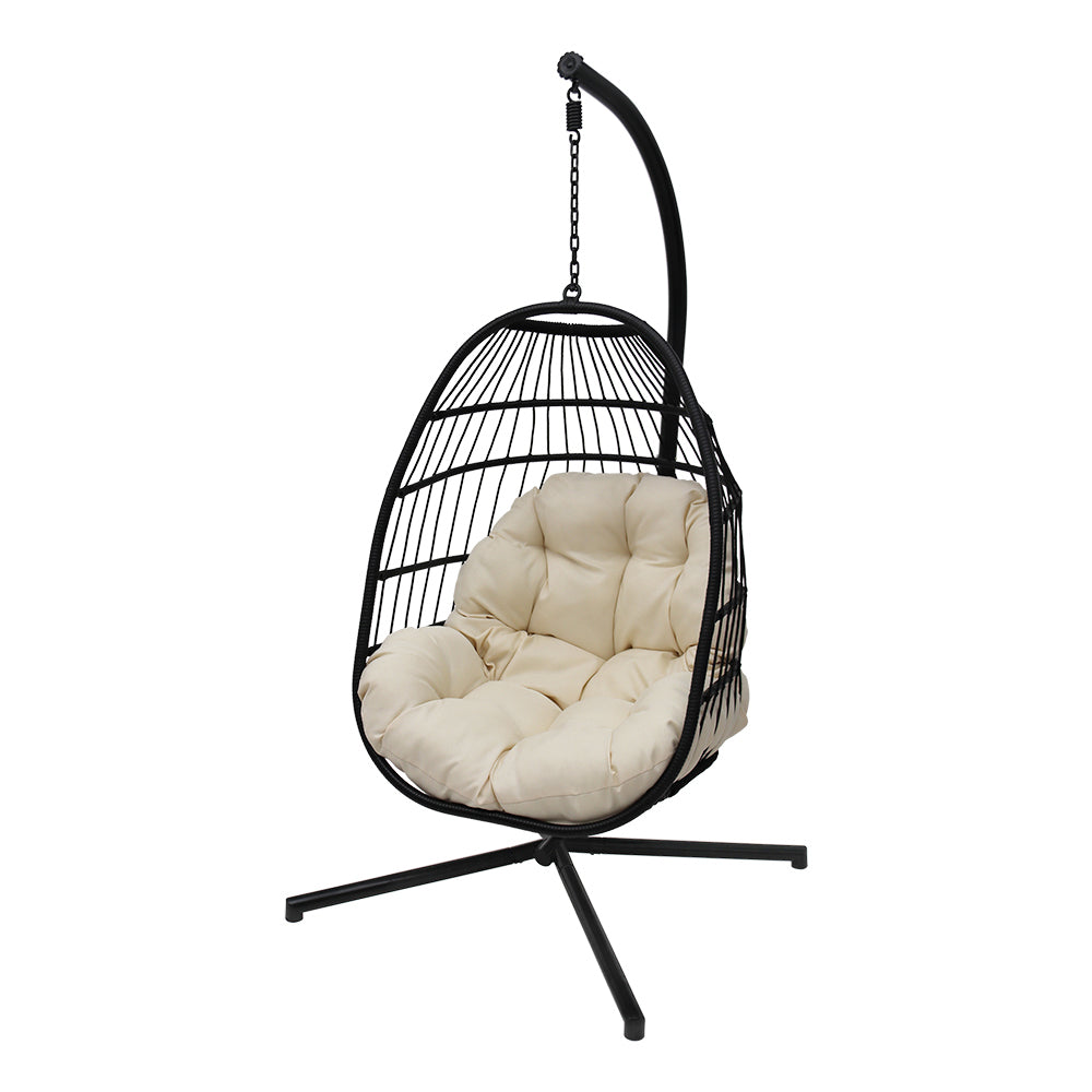 76 in. Black Wicker Outdoor Basket Swing Chair with Stand