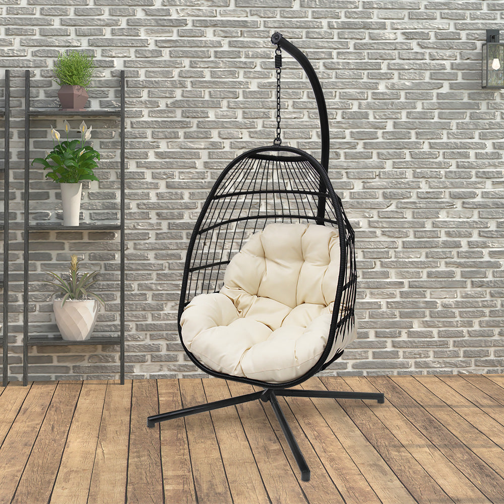 76 in. Black Wicker Outdoor Basket Swing Chair with Stand