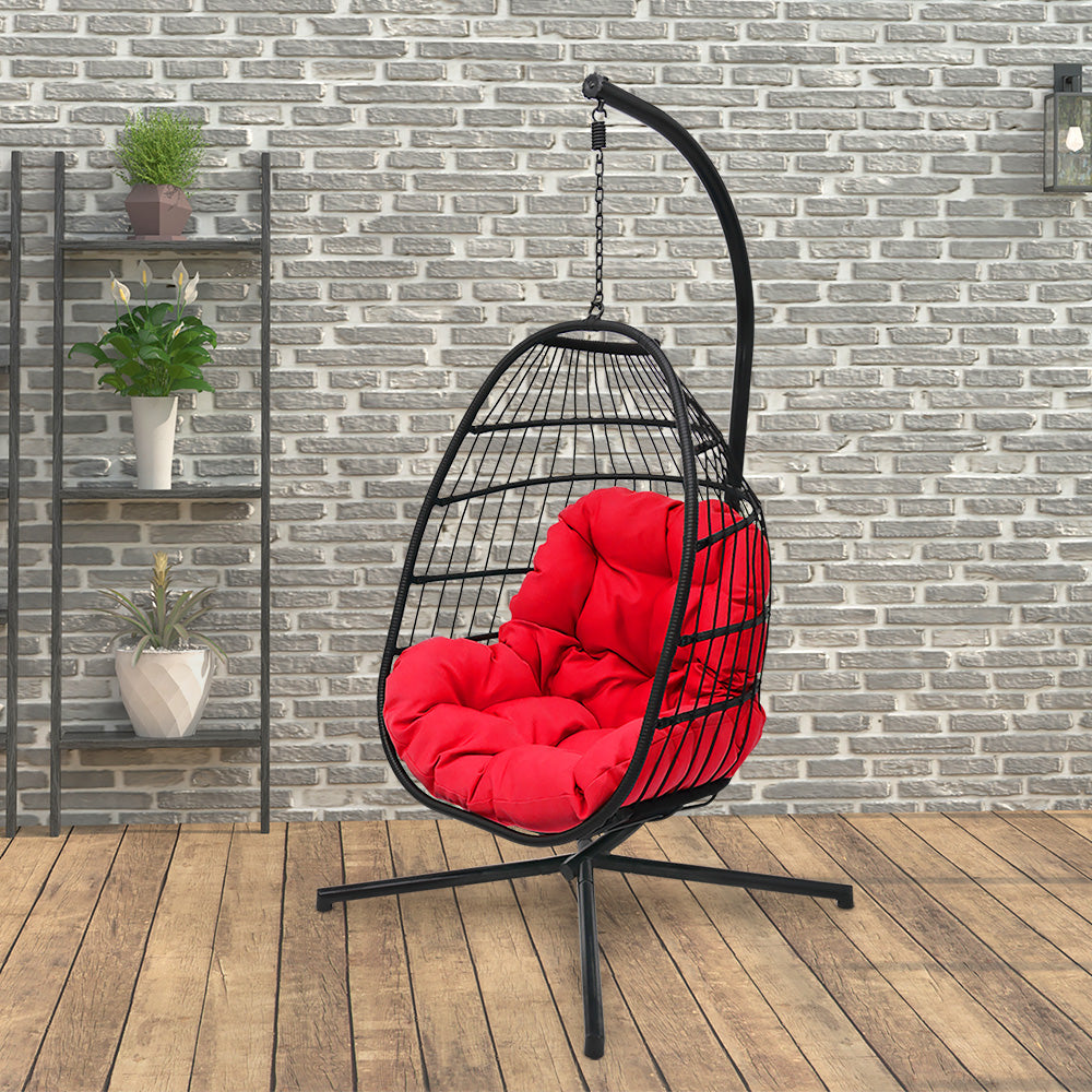 76 in. Black Wicker Outdoor Basket Swing Chair with Stand