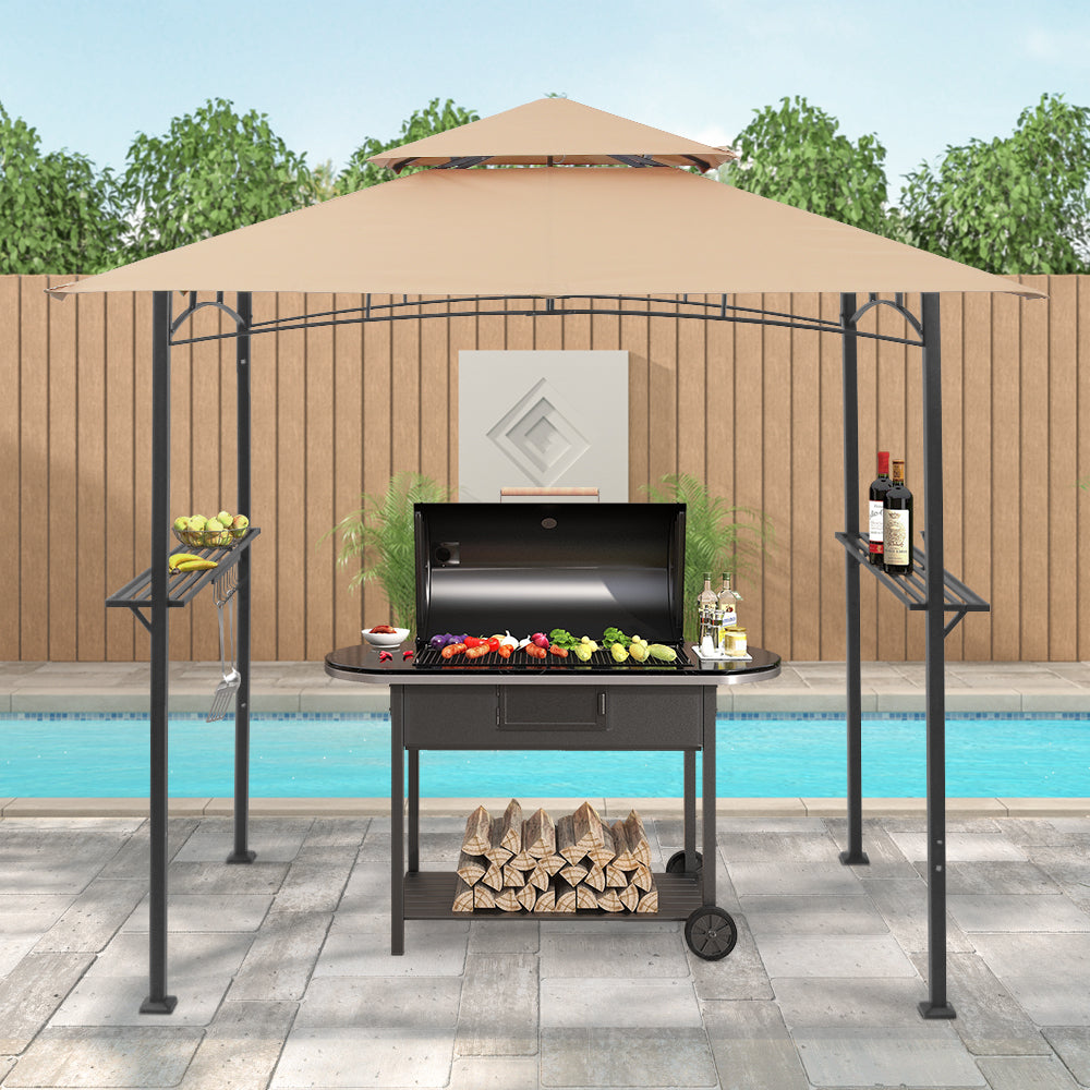 8 ft. x 5 ft. Black Steel 2-Tier Flagpole Cabana/Gazebo with Tan Cover