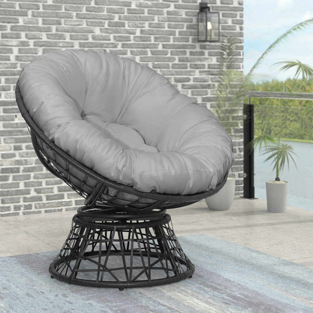 38 in. Black Wicker Outdoor Swivel Papasan Chair with Stand