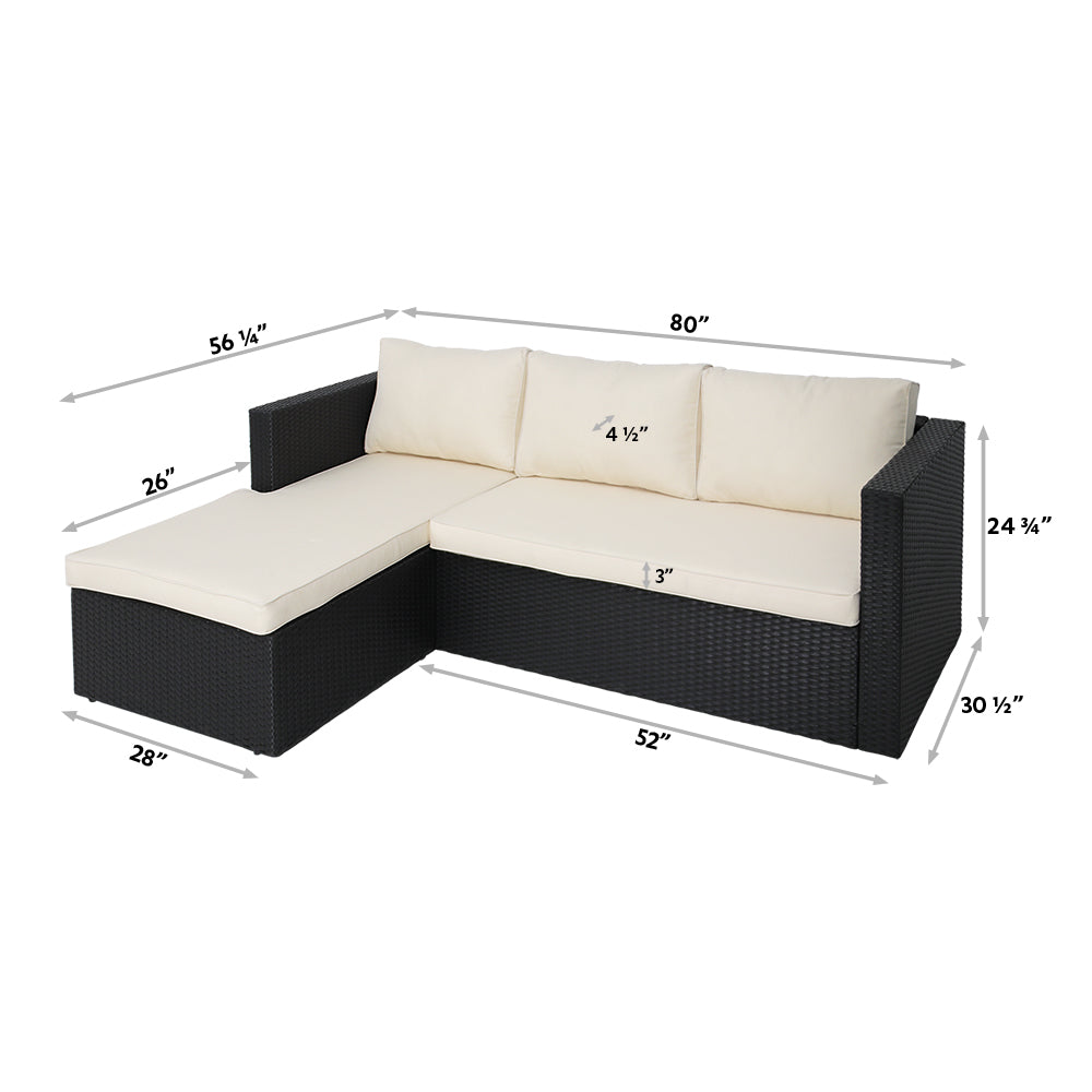 3 Piece Wicker Sectional Conversation Set with Cushions - Black, Brown, Grey
