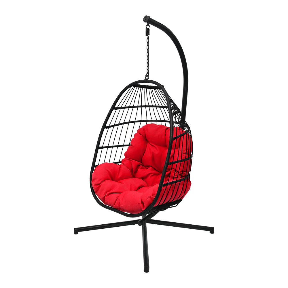 76 in. Black Wicker Outdoor Basket Swing Chair with Stand