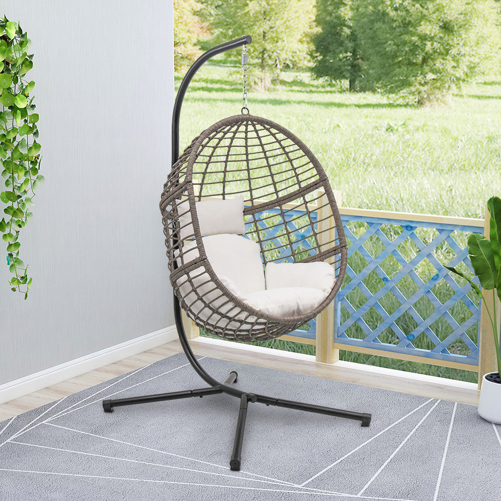 78 in. Grey Wicker Outdoor Basket Swing Chair with Stand